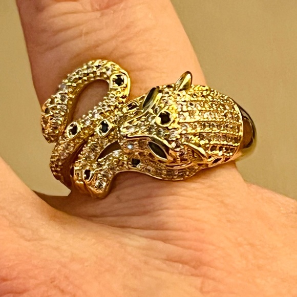 Leopard Gold Plated Emerald Crystal Eyes & Pave Cubic Zirconia Ring | Sz. 7.5 - Picture 7 of 10